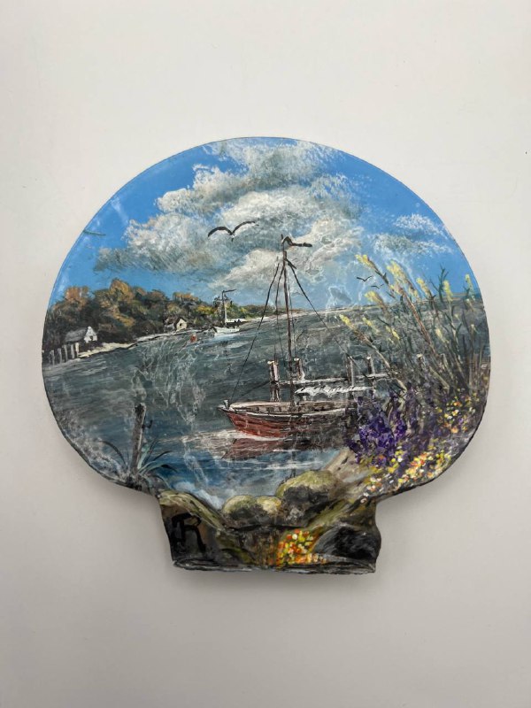 Seascape with dune, sea grass and ship, painted on a shell
