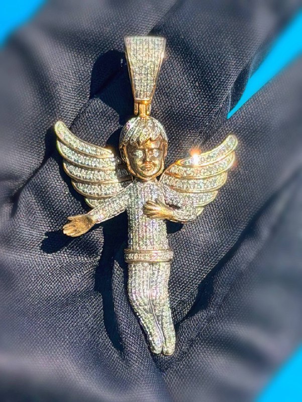 10k solid 2 tone gold 1.5CTW Natural Diamond Iced out Angel with Wings Charm Pendant