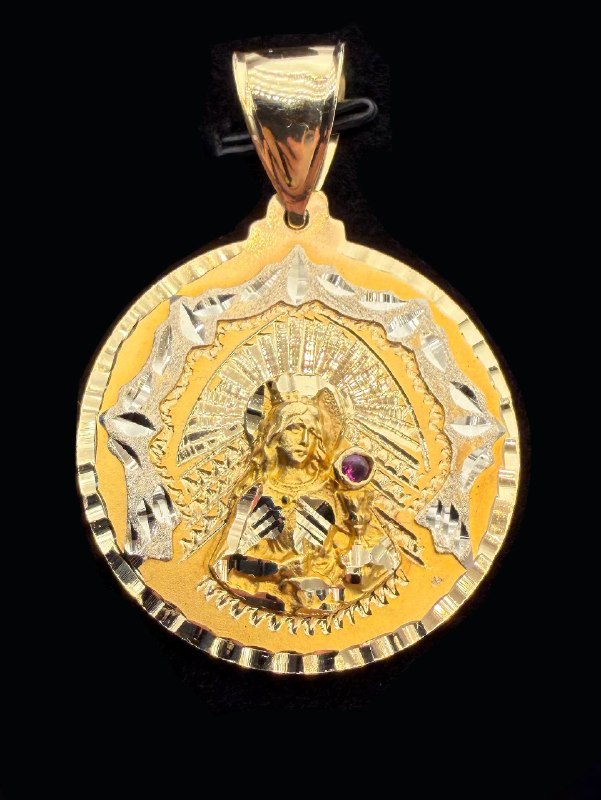 14k solid two tone gold Religious Saint Barbara Natural Ruby stone Diamond cut medallion charm pendant