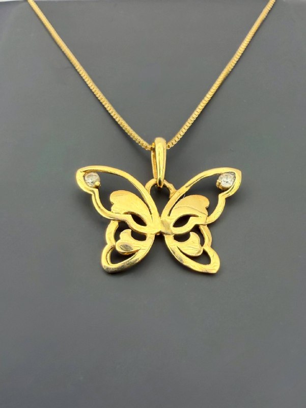 14K Solid Yellow Gold CZ stone Butterfly charm pendant & box chain ladies Necklace 19” 0.5mm