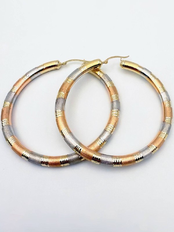 14k tri color solid gold Rounded Satin Smooth Hoop Earrings Diameter 2.6”