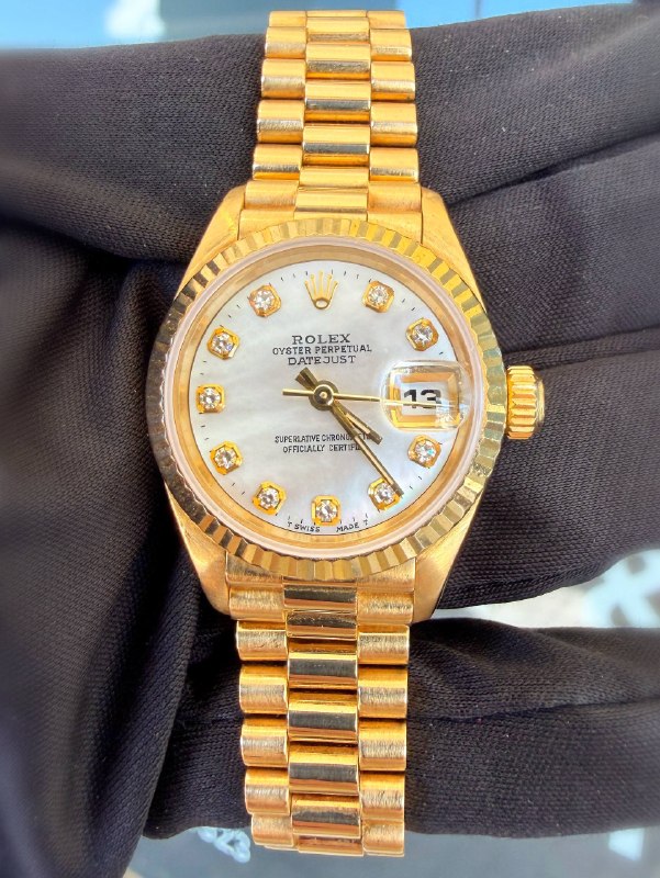 Rolex President Datejust 26 26mm 18k Yellow Gold custom Diamond MOP Dial Fluted Bezel Ladies Watch 69178 full set