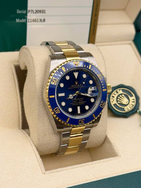 2016 Rolex Submariner 40mm 116613LB Bluesy Blue Dial Blue Ceramic Bezel 18k yellow gold and stainless steel oyster bracelet Watch card box tag FULL SET