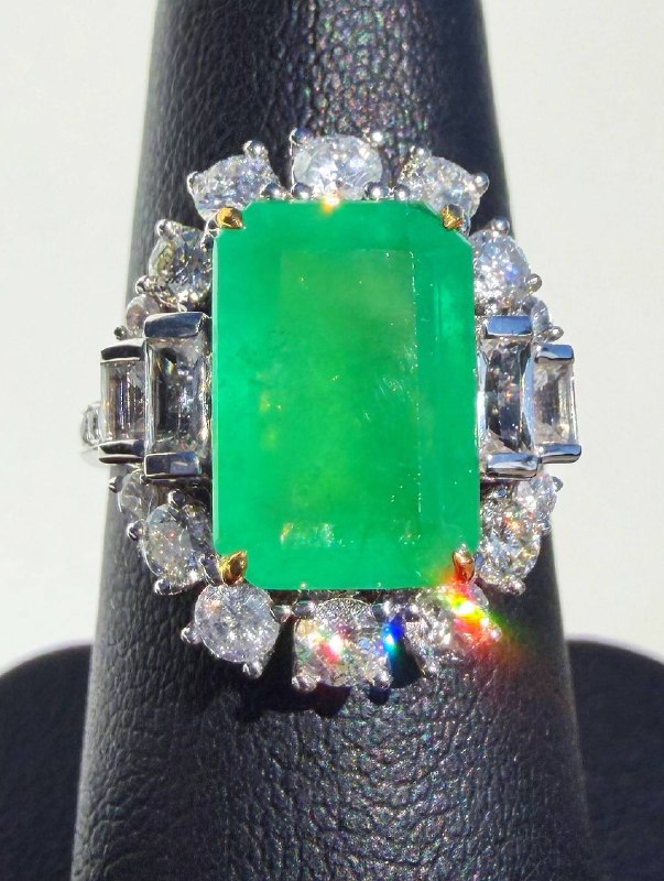 18k solid white gold Natural 4Ct Green Emerald Diamond White Sapphire Antique Art Deco style Engagement ring sz6.5