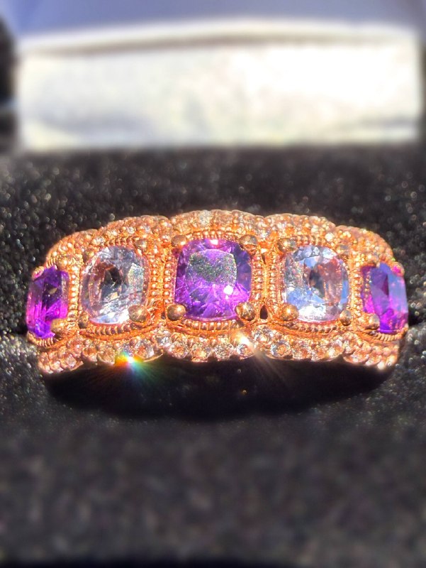 10k solid rose gold Natural 1.25CTW Amethyst & 0.5CTW Diamond Halo 5-Stone Ring band sz10.5