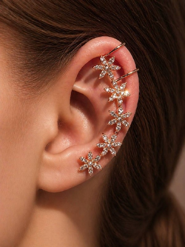 18k rose gold 0.7Ctw Natural Brilliant White & Cognac Diamond Floral Ear Cuff Flower Earring Wrap